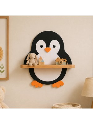 Maks Home Ahşap Çocuk Odası Duvar Rafı 🐧 Penguen | Doğal Ahşap & Mdf | Dekoratif Oyuncak & Aksesuar Rafı