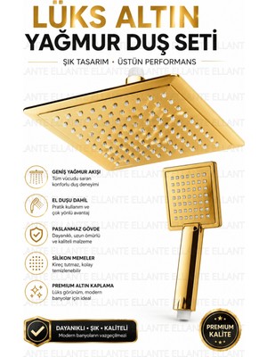 Ellante Premium Gold 20X20 cm Kare Yağmur Duş Başlığı ve El Duşu Seti | Paslanmaz Çelik | Yüksek Basınçlı Lüks Banyo Duş Sistemi