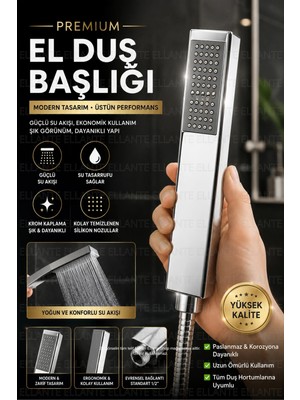 Ellante Kare El Duşu Başlığı Krom Paslanmaz Güçlü Su Akışlı Silikon Nozullu 1/2'' Universal Bağlantı