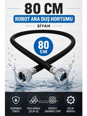Ellante 80 cm Robot Ara Duş Hortumu Örgülü Fleksi Hortum 1/2'' Su Bağlantı Hortumu Paslanmaz Uçlu Sızdırmaz Conta