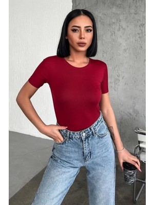 Hace Bazaar Rahat ve Şık Kısa Kollu Bisiklet Yaka Likralı Viskon Penye Body Bordo