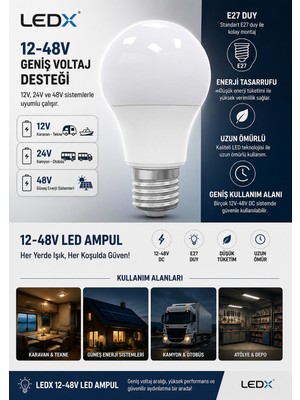 Ledx 12-48VOLT 9 Watt LED Ampul E27 Duylu 48 Volta Kadar Destekler Gemi Akü Solar Sistemlere Uyumlu