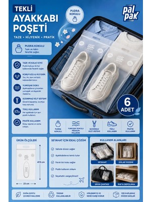 Palpak Ayakkabı Taşıma ve Saklama Poşeti, Tekli Paketlemeye Uygun ve Pudra Kokulu 6 Adet (23X47,5 Cm)