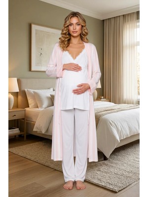 Lohussa Yeni Sezon Pudra Ekru Yazlık Çizgili Uzun Sabahlıklı Askılı %100 Pamuk Dantelli Hamile Lohusa Sabahlık Pijama Takım Seti