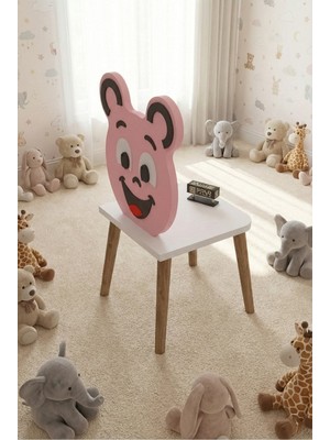Reyo Falez Happy Face Çocuk Sandalyesi, Ahşap Ayaklı, Sevimli Figürlü Pembe
