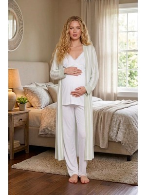 Lohussa Yeni Sezon Yeşil Ekru Yazlık Çizgili Uzun Sabahlıklı Askılı %100 Pamuk Dantelli Hamile Lohusa Sabahlık Pijama Takım Seti