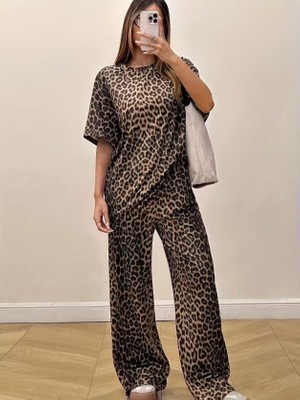 Nova Epoxy Art   Kadın Kısa Kollu Bisiklet Yaka Iki Iplik Leopar Desenli Bluz ve Pantolon Ikili Takım