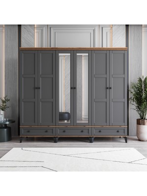 Monzio Karin 6 Kapaklı Çekmeceli Gardırop Tamamı MDF (Antrasit)