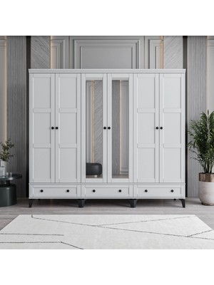 Monzio Karin 6 Kapaklı Çekmeceli Gardırop Tamamı MDF (Beyaz)