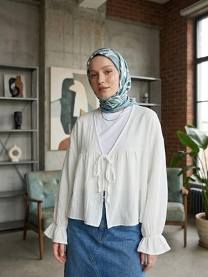 Miostil Önü Bağlamalı Kısa Kimono-Ekru