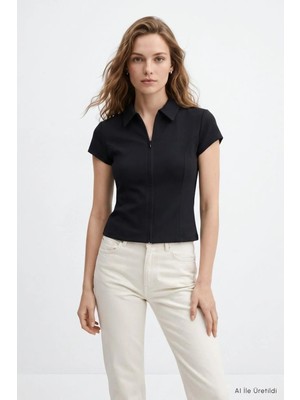Rays Siyah Polo Yaka Kısa Kol Crop Tişört 26651