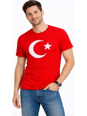 Janes Erkek T-Shirt Kısa Kol Bisiklet Yaka Ay Yıldız Bayrak Baskılı Tişört - Kırmızı