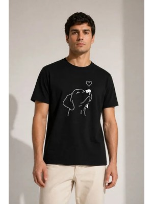 Janes Erkek Köpek Figürlü Minimal Baskılı Tişört Kısa Kol Yazlık T-Shirt - Siyah