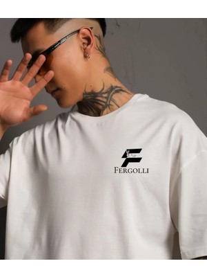 Janes Unisex Bisiklet Yaka Baskılı Oversize T-Shirt - Beyaz