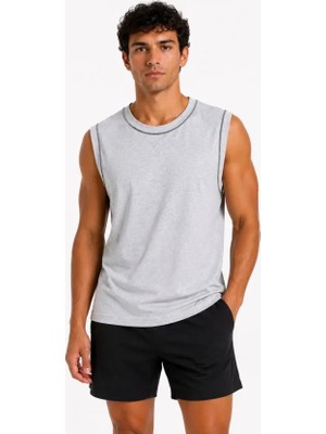 Janes Erkek Kontrast Biyeli Kolsuz Atlet Bisiklet Yaka Yazlık Basic Atlet - Gri