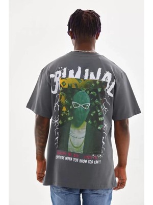 Janes Unisex Baskılı Oversize T-Shirt - Füme