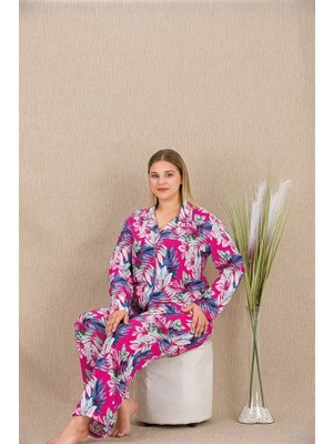 Büyük Beden Renkli Yaprak Desenli Düğmeli Uzun Kol Viskon Pijama Takımı