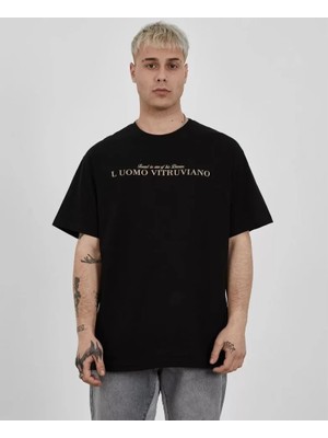 Janes Unisex Bisiklet Yaka Baskılı Oversize T-Shirt - Siyah