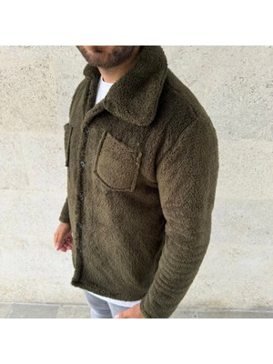 Janes Erkek Pelüş Polar Hırka Gömlek – Yakalı, Ilik Düğmeli, Göğüs Cepli, Yumuşak Dokulu Kışlık Regular Fit Rahat Günlük Model - Haki