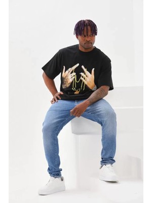 Janes Unisex Baskılı Oversize T-Shirt - Siyah