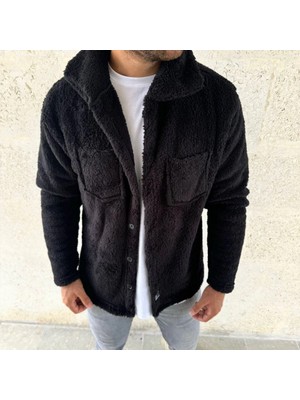 Janes Erkek Pelüş Polar Hırka Gömlek – Yakalı, Ilik Düğmeli, Göğüs Cepli, Yumuşak Dokulu Kışlık Regular Fit Rahat Günlük Model - Siyah