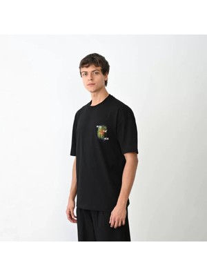 Janes Unisex Bisiklet Yaka Baskılı Oversize T-Shirt - Siyah