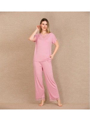 Viskon Şık Tasarım Dantel Işlemeli Pembe Kısa Kol Pijama Takımı
