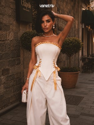 Gold Bağcıklı Beyaz Korse Büstiyer