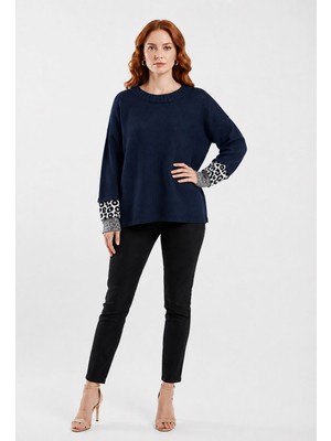 Neden Tekstil Kadın Oversize Triko Kazak - Leopar Detaylı Kol