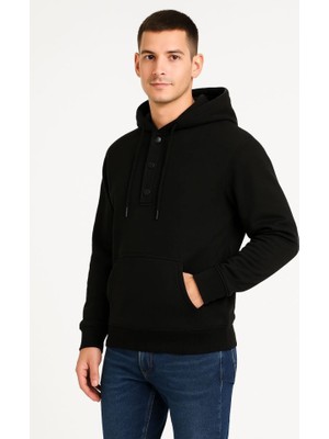 Janes Erkek Ovarsize Kapüşonlu Swetshirt Kanguru Çepli Cıtcıtlı 3 Iplik Şardonlu Hoodie - Siyah