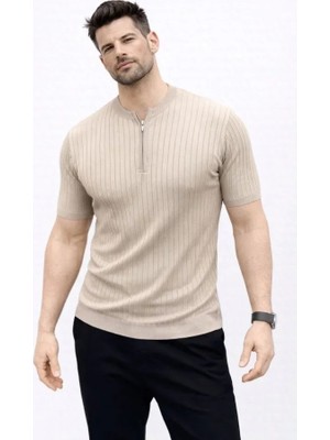 Janes Erkek Kısa Kol Fitilli Triko T-Shirt Yazlık Hakim Yaka Tişört - Bej