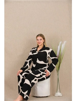 Büyük Beden Siyah Beyaz Desenli Düğmeli Uzun Kol Viskon Pijama Takımı