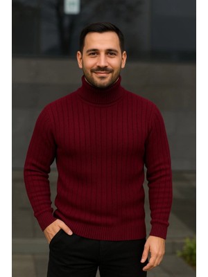 Janes Erkek Balıkcı Yaka Bağazlı Triko Kazak Pamuklu Kalın Fitilli Dokuma, Regular Fit Uzun Kollu Kışlık Model - Bordo