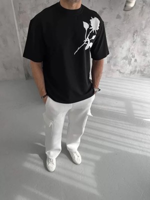 Janes Unisex Bisiklet Yaka Baskılı Oversize T-Shirt - Siyah