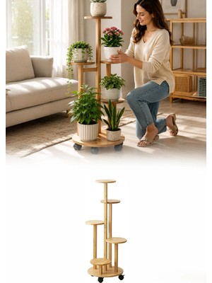 Omilife Ahşap 5 Katlı Tekerlekli Çiçeklik Saksılık Dekoratif Daire Model Bitki Rafı