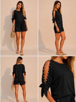 Veraura Lifestyle Kadın Kısa Kollu Bisiklet Yaka Yarı Açık Omuz Inci Detaylı Şort T-Shirt Viskon Ikili Takım