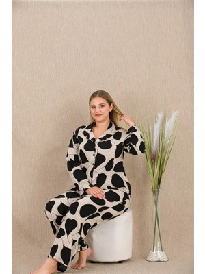 Büyük Beden Siyah Beyaz Kalp Desenli Düğmeli Uzun Kol Viskon Pijama Takımı