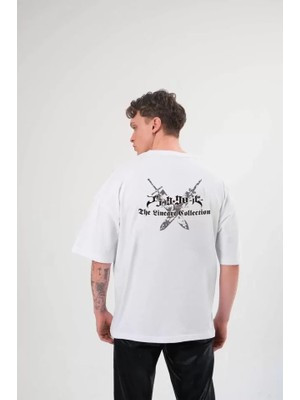 Janes Unisex Bisiklet Yaka Baskılı Oversize T-Shirt - Beyaz
