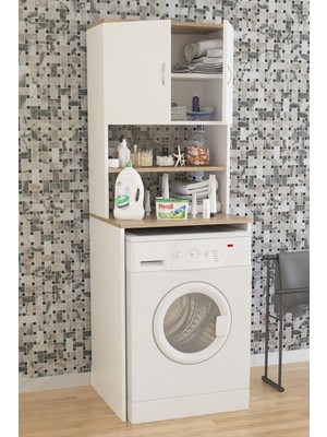 Aeka AE-2042 Solo Çamaşır Makinesi Dolabı, Banyo Dolabı, 4 Raflı, Kapaklı, Beyaz Dolap