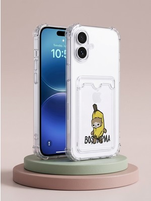 Gees Global iPhone 16 Boş Yapma Muz Detaylı Kart Bölmeli Şeffaf Telefon Kılıfı
