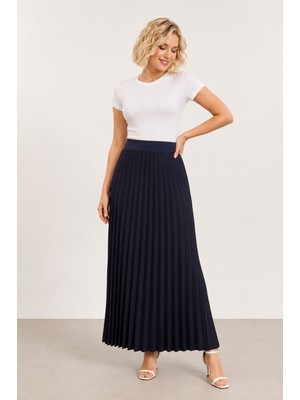 Bihan Store Yüksek Bel Beli Lastikli Akordiyon Piliseli Maxi Boy Etek 8940-KAHVE