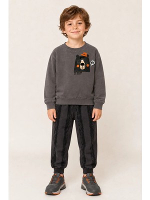 Zekalya Erkek Çocuk Ayıcık Baskılı Iki Iplik Fırçalı Sweatshirt Jogger Alt Üst Takım