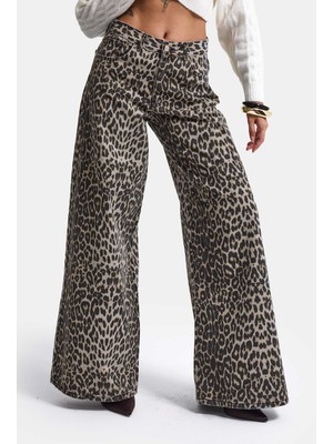 It's Basic Kadın Leopar 1W6-26 Palazzo Fit Özel Desen Denim Jean