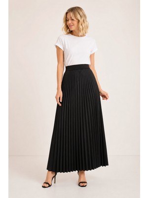 Bihan Store Yüksek Bel Beli Lastikli Akordiyon Piliseli Maxi Boy Etek 8940-SIYAH
