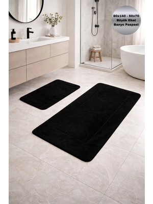Modernsoft Arviano Siyah Deri ve Kaymaz Tabanlı Yumuşak Yüzeyli Modern Makinede Yıkanabilir Lüks Banyo Halısı