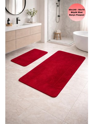 Modernsoft Arviano Kırmızı Deri ve Kaymaz Tabanlı Yumuşak Yüzeyli Modern Makinede Yıkanabilir Lüks Banyo Halısı