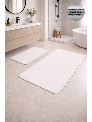Modernsoft Arviano Krem Deri ve Kaymaz Tabanlı Yumuşak Yüzeyli Modern Makinede Yıkanabilir Lüks Banyo Halısı