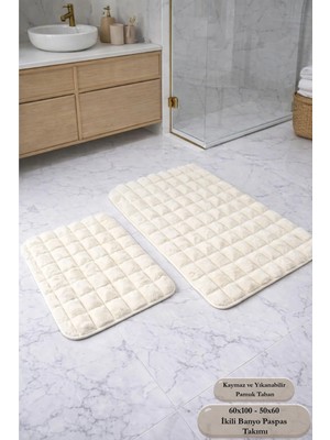 Modernsoft Pofexa Krem Ekstra Yumuşak Kaymaz ve Pamuk Tabanlı Modern 2'li Banyo Paspas Takımı