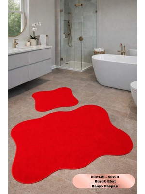 Modernsoft Velmora Kırmızı Yumuşak Yüzeyli Deri ve Kaymaz Tabanlı Modern Banyo Paspası Seti