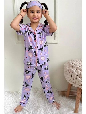 Lillypicca Sevimli Kedi Desenli Bambu Önden Düğmeli Göz Bantlı Kısa Kol Pijama Takımı 8010